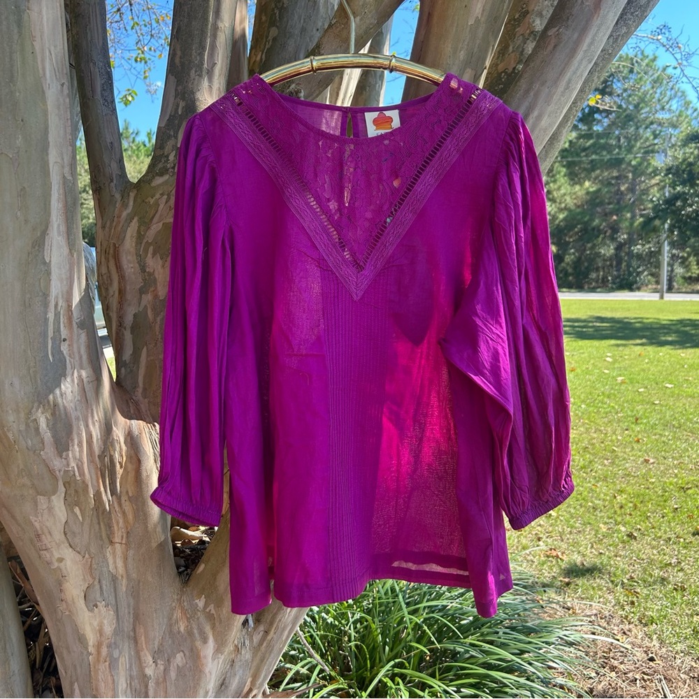 Anthropologie Farm Rio NWT Kelsie Magenta Lace Peasant Puff Sleeve Blouse sz. 1X - Picture 2 of 6